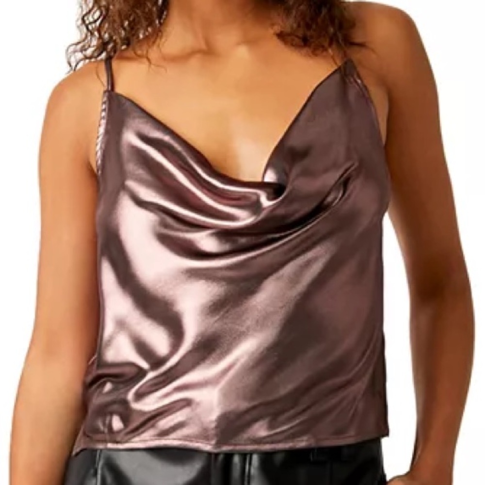 FREE PEOPLE Sunset Shimmer Woven Cami Top Cowl Neck Blush Bronze Metallic